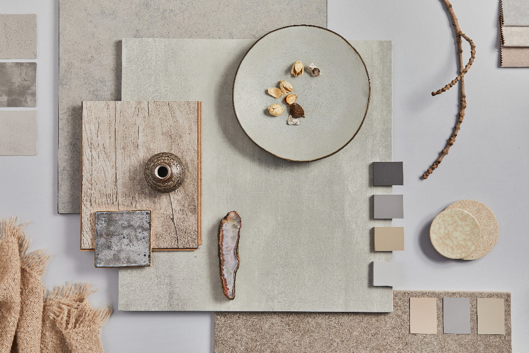 Creative flat lay design of stylish beige architect moodboard composition with samples of building, textile and natural materials and personal accessories. Top view, white background, template.